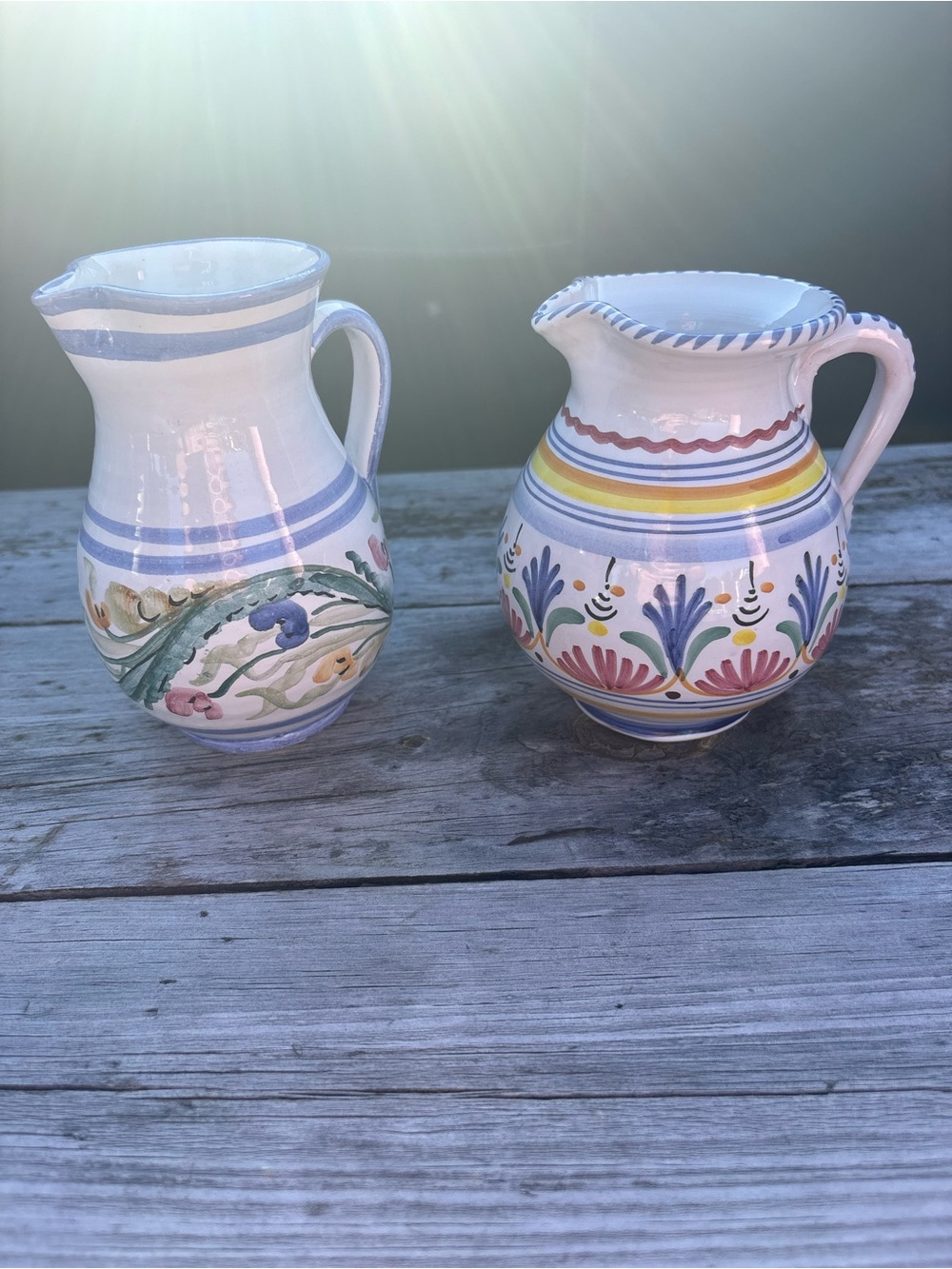 Vintage Hand-Painted Mediterranean Earthenware Pitchers Pair Italian Spanish